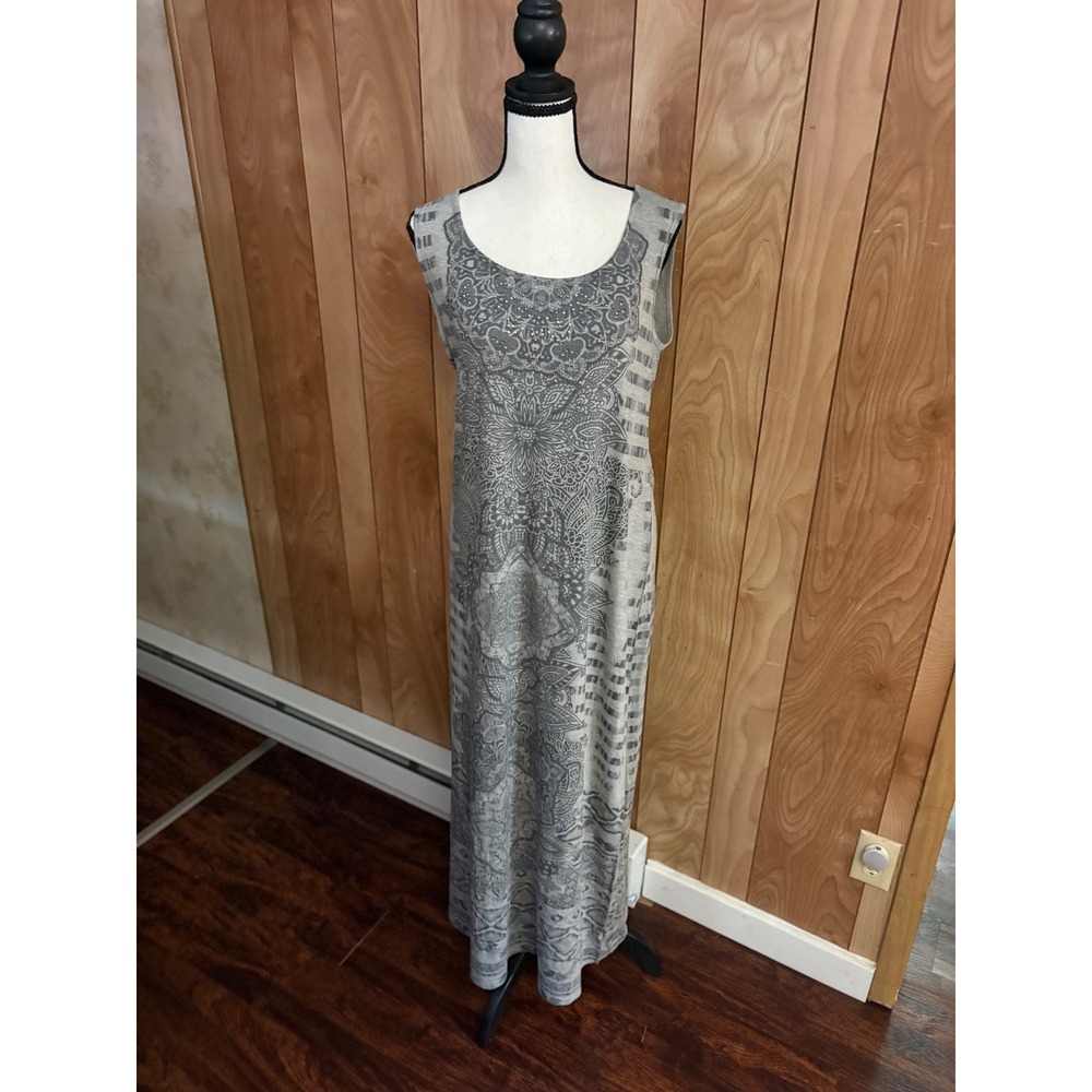 Citron Santa Monica Grey Mandala Print Rhinestone Sleeveless Maxi Dress Medium